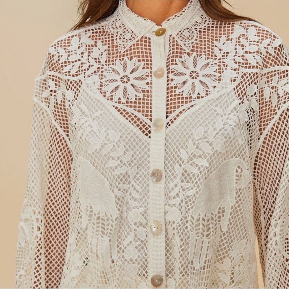 FARM Rio White Crochet Lace Button-Front Blouse